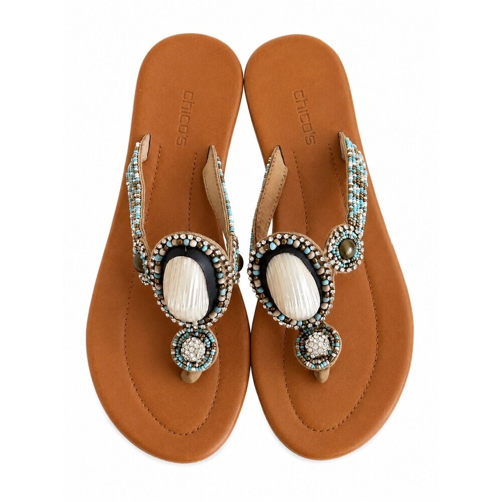 Chico's Flip Flop Sandals Size 9 Beaded Rhinestone Stone Artsy Coastal Thong